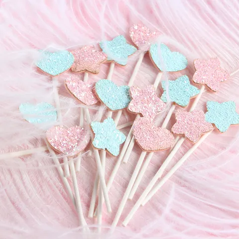 5 Stuks Glitter Hart Ster Taart Toppers Dromerig Roze Lichtblauw Taart Decoratie Prikkers Voor Verjaardag Bruiloft Feestje