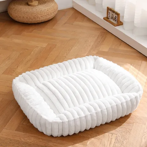 Lit pour Chien Chat en Peluche Épaisse Coussin Doux en Velours Rayé Chaud Nid de Couchage Confortable pour Petits et Moyens Chiens Chats