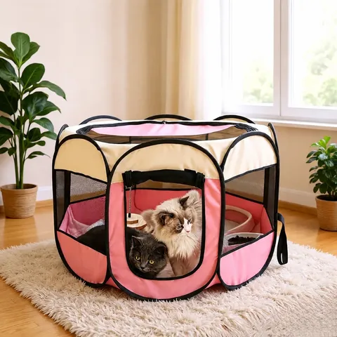 Tente pour Animaux Pliable en Tissu Oxford Maille Respirante Cage Octogonale Maison de Maternité Portable pour Chiot et Chat