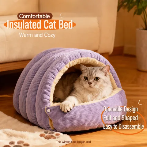 Lit pour Chat Chaud d'Hiver Semi-Fermé Doux Velours Arctique Sac de Couchage Grotte Lavable pour Petits Chiens Chats Articles pour Animaux