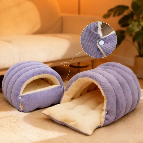 Lit pour Chat Chaud d'Hiver Semi-Fermé Doux Velours Arctique Sac de Couchage Grotte Lavable pour Petits Chiens Chats Articles pour Animaux