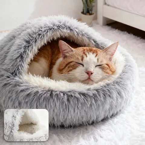 Lit pour Chat à Capuche Semi-Fermé Chaud Longue Peluche Maison pour Chat Mignonne Douce Grotte de Nidation pour Hiver Petits Chiens et Chats