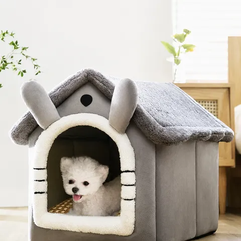 Lit pour Chat Chaud d'Hiver pour Animal de Compagnie Maison de Dessin Animé Semi-Fermée Petit Lit pour Chien Jolies Oreilles de Lapin Peluche Nid de Sommeil Lavable
