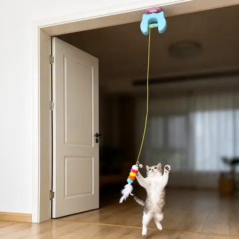 Jouet Suspendu Électrique Automatique pour Chat Yo-Yo Interactif avec Chenille en Peluche et Plume Fournitures pour Animaux