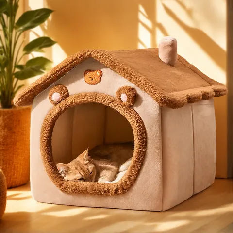 Maison Lit pour Chat en Peluche Chaude Semi-Fermé Design Mignon Ours Doux Nid de Couchage Hiver Chaud Petit Chien Chiot Grotte Lit