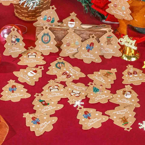 Juego de Etiquetas de Regalo de Papel Kraft de Navidad con Cuerdas de Cáñamo Etiquetas Colgantes en Forma de Árbol Vintage para Decoración de Fiesta