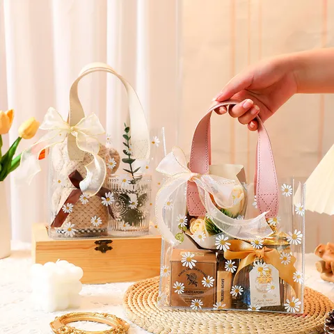 Bolso de Mano de PVC Transparente con Margaritas Estilo Ins Asa de PU Lazo Bolsa de Embalaje de Regalo para Boda Cumpleaños