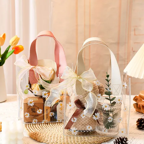 Bolso de Mano de PVC Transparente con Margaritas Estilo Ins Asa de PU Lazo Bolsa de Embalaje de Regalo para Boda Cumpleaños