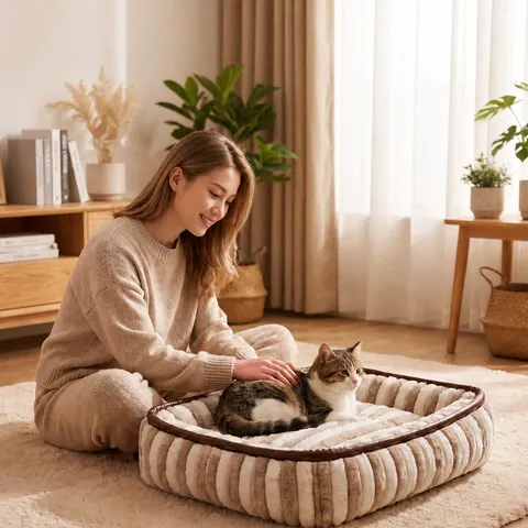 Lit pour Animaux Rayé Brun et Blanc Rond et Carré Épaissi Chaud Lit pour Chien Canapé pour Chat Nid de Sommeil Confortable Fournitures pour Animaux