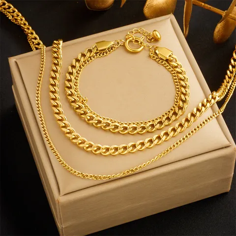 Stainless Steel Layered Cuban Chain Necklace Bracelet Set Gold Plated Minimalist Jewelry For Women Daily Wear