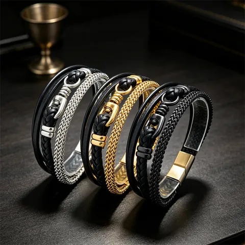 Herren Hip Hop Mehrschichtiges Lederband Armband Edelstahl Nautisch Mariner Verschluss Kette Armband Mode Schmuck
