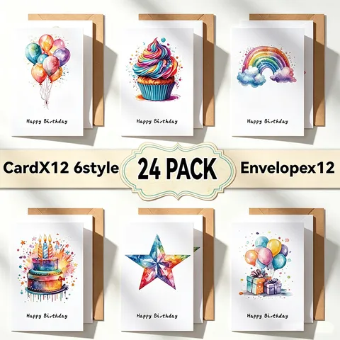 12PCS Watercolor Birthday Greeting Card Set Hand-painted Rainbow Cake Greeting Cards With 12 Envelopes For Kids Party