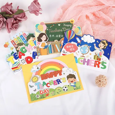 Modern Cardboard Teacher's Day Greeting Cards Set With Envelopes Hot Stamping Creative Cartoon Graduation Bless Cards For Teachers Gift
