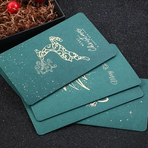 Elegante Tarjeta de Felicitación de Navidad Año Nuevo Con Sobre Estampado en Oro Papel Especial Reno Árbol