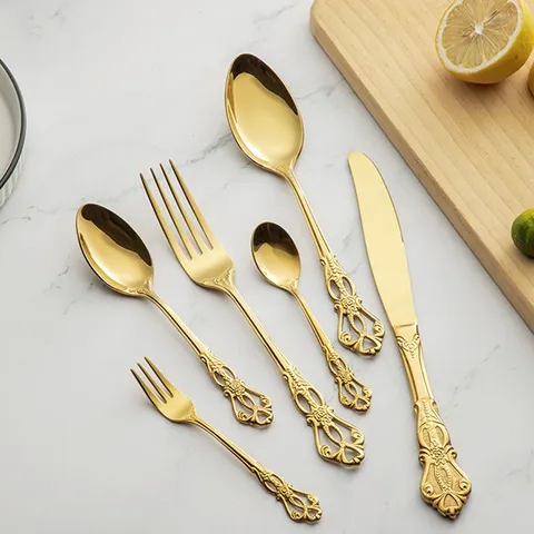 304 Stainless Steel Cutlery European Retro Hollow Relief Knife Fork Spoon Set Palace Style Gold Silver Mirror Polished Tableware