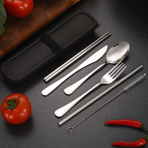 304 Stainless Steel Portable Cutlery Spoon Fork Chopsticks Knife With Storage Box For Student Office Picnic Travel Modern Minimalist