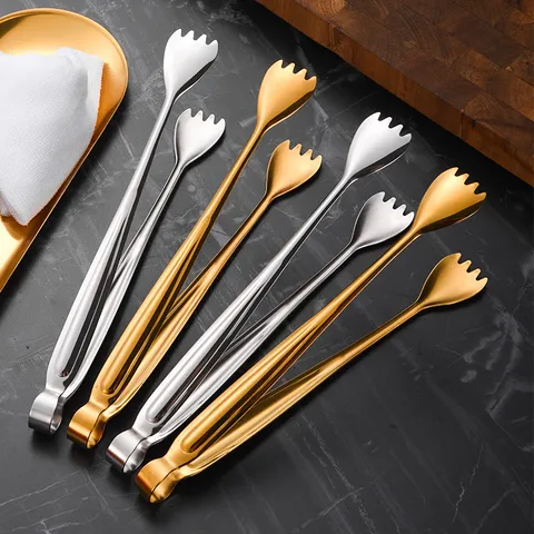 Molla Multiuso per Alimenti in Acciaio Inossidabile 304 Pinza per Buffet Seghettata per Pane Bistecca Ghiaccio Barbecue Oro Argento