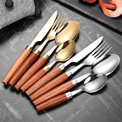 Retro 304 Edelstahl Besteck Sapele Holzgriff Spiegelpoliert Abendessen Messer Gabel Löffel Für Haus Küche Restaurant