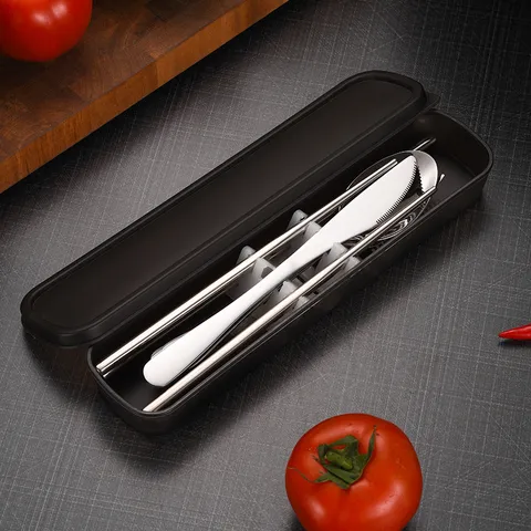 304 Stainless Steel Portable Cutlery Spoon Fork Chopsticks Knife With Storage Box For Student Office Picnic Travel Modern Minimalist