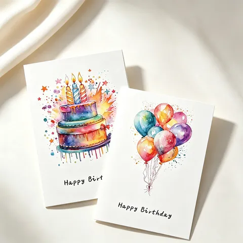 12PCS Watercolor Birthday Greeting Card Set Hand-painted Rainbow Cake Greeting Cards With 12 Envelopes For Kids Party