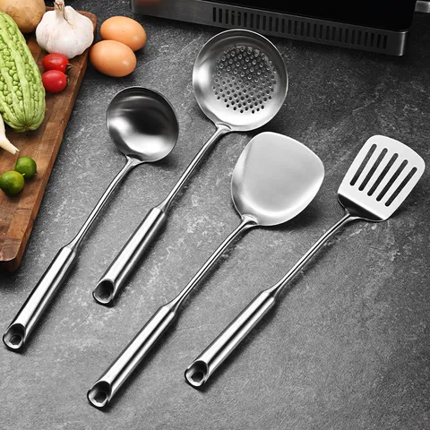 316 Stainless Steel Kitchen Utensils Set Heat Resistant Integrated Spatula Soup Ladle Skimmer Slotted Turner Long Handle