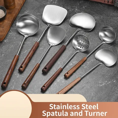 304 Stainless Steel Kitchen Utensil Set With Walnut Wood Handle Heat Resistant Porridge Spoon Cooking Spatula Skimmer For Home Kitchen