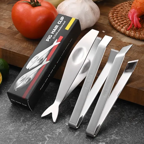 Professional Stainless Steel Pig Hair Tweezers 304 430 Fish Bone Puller Remover Slant Flat Tip Precise Kitchen Gadgets For Poultry Seafood Silver
