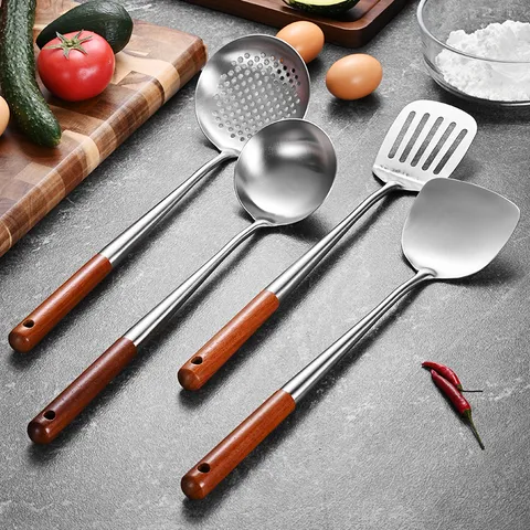 Juego de Utensilios de Cocina de Acero Inoxidable con Mango Largo de Madera de Eucalipto Espátula Cucharón Espumadera Herramientas de Cocina
