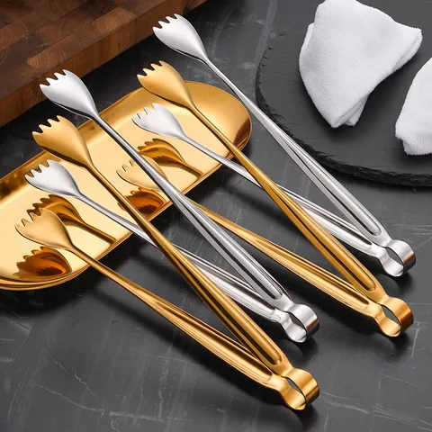 304 Stainless Steel Multipurpose Food Clip Toothed Buffet Tong For Bread Steak Ice Barbecue Tongs Kitchen Utensil Gold Silver