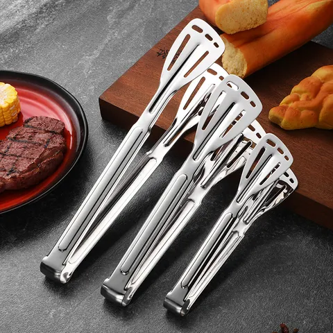 Pince Alimentaire Commerciale en Acier Inoxydable Pelle Creuse à Trois Lignes Buffet Pain Gâteau Dessert Clips Poli Miroir Steak Barbecue Pinces Ustensile de Cuisine