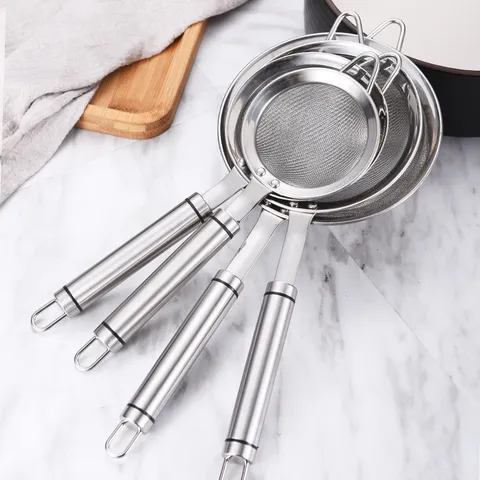 304 Stainless Steel Fine Mesh Strainer Long Handle Colander Kitchen Skimmer For Filtering Juice Soy Milk Residue Tool