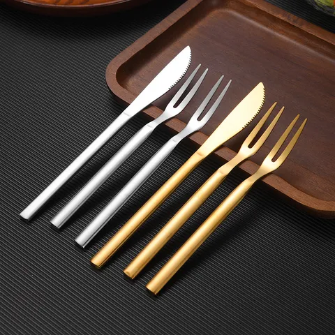 Thickened Stainless Steel Mooncake Knife And Fruit Fork Set Mirror Polished Dessert Cutlery For Home Party Golden Silver Mirror Finish