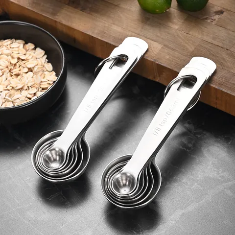 304 Stainless Steel Measuring Spoons Set For Baking Kitchen Measuring Tools With Hanging Ring Minimalist Style Cooking Accessories