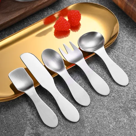 Mini 304 Stainless Steel Spoons And Forks For Kids Coffee Dessert Ice Cream Fruit Round Pointed Spoons Kitchen Tableware