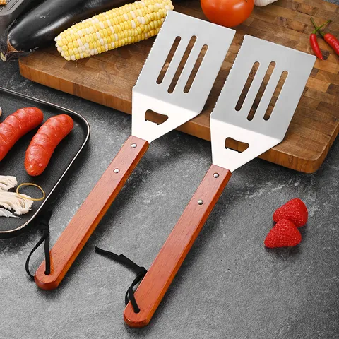 Multifunctional Stainless Steel BBQ Spatula Fork Set Professional Wood Handle Grilling Tools With Bottle Opener Serrated Edge