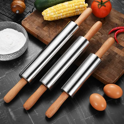 Professional Stainless Steel Rolling Pin With Beech Wood Or Metal Handle Commercial Grade Kitchen Baking Roller For Dough Pizza Pasta