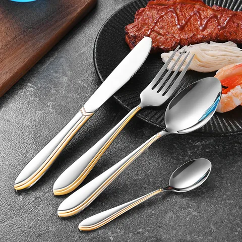 Mirror Polished Stainless Steel Cutlery Set With Double Gold Line Handle Dinner Knife Fork Spoon For Home Restaurant Hotel