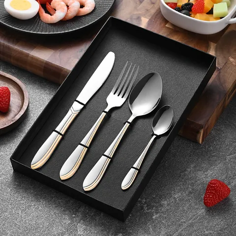 Mirror Polished Stainless Steel Cutlery Set With Double Gold Line Handle Dinner Knife Fork Spoon For Home Restaurant Hotel