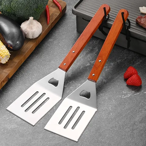 Multifunctional Stainless Steel BBQ Spatula Fork Set Professional Wood Handle Grilling Tools With Bottle Opener Serrated Edge