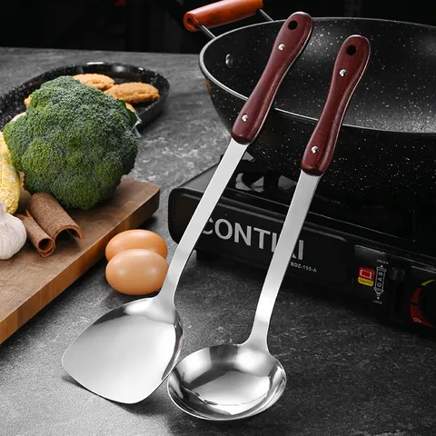 Roestvrijstalen Keukengerei Set Spatel En Soeplepel Met Houten Handvat Hittebestendig Spiegelgepolijst Gereedschap Voor Huis Keuken