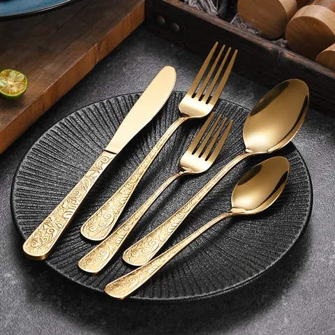 Vintage Embossed Stainless Steel Cutlery Tableware Mirror Polished Retro Dinnerware For Elegant Dining Banquet Party Luxury