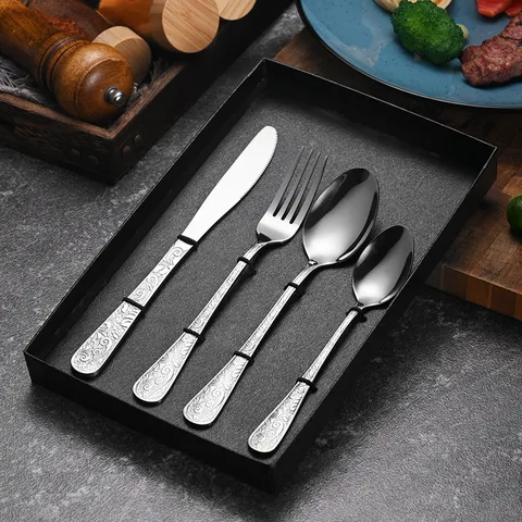 Vintage Embossed Stainless Steel Cutlery Tableware Mirror Polished Retro Dinnerware For Elegant Dining Banquet Party Luxury