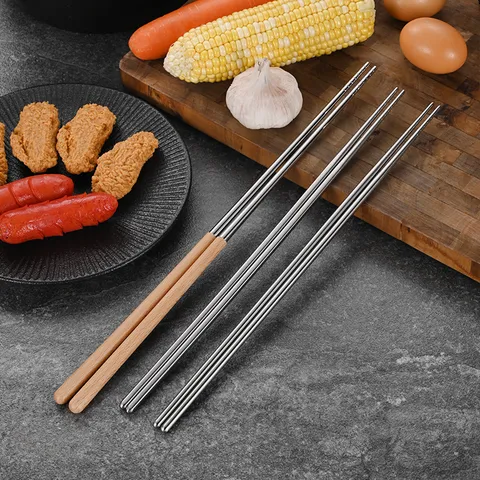 Palillos para Freír Extra Largos de Acero Inoxidable 304 Mango de Madera de Haya Resistente al Calor Antiquemaduras para Ollas Calientes