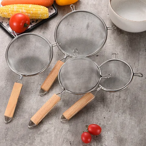 Stainless Steel Fine Mesh Strainer With Wood Handle Double Ear Hooks Sieve Colander For Kitchen Food Filtering Sifting Soy Milk Juice Skimmer