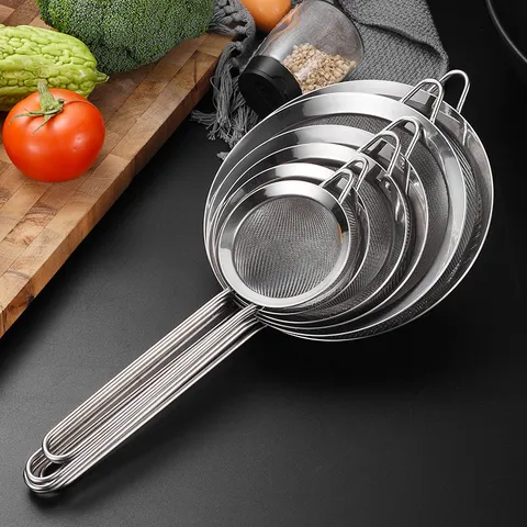 304 Stainless Steel Fine Mesh Sieve Skimmer Professional Kitchen Strainer With Long Handle And Double Hooks For Flour Soy Milk Juice Oil Filter