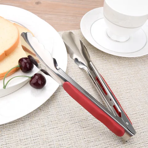 Stainless Steel Food Tongs With Red Non Slip Handle Heat Resistant BBQ Bread Dessert Buffet Serving Tongs Kitchen Utensil Manual Food Clip
