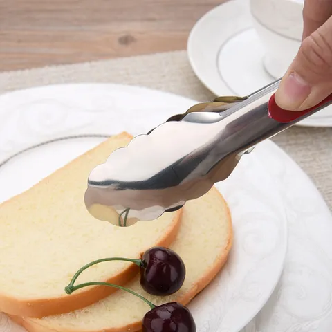 Stainless Steel Food Tongs With Red Non Slip Handle Heat Resistant BBQ Bread Dessert Buffet Serving Tongs Kitchen Utensil Manual Food Clip