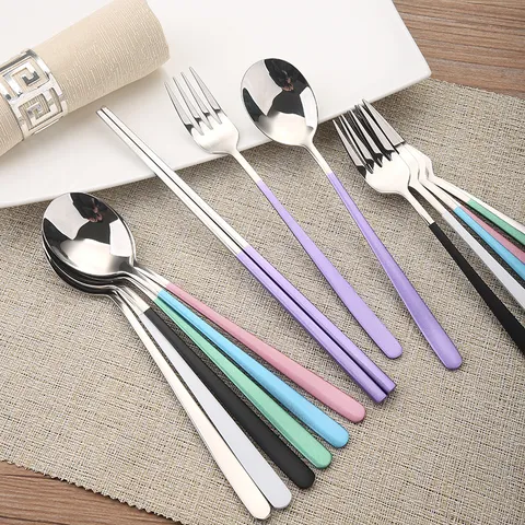 304 Stainless Steel Korean Cutlery Set Long Handle Mirror Polished Spoon Fork Chopsticks Painted Handle Tableware Utensils