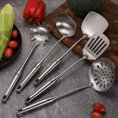Stainless Steel Cooking Utensils Set Heat Resistant Soup Spoon Slotted Spatula Rice Scoop Noodle Ladle Home Kitchen Cooking Tools