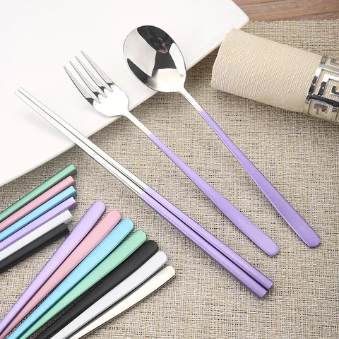304 Stainless Steel Korean Cutlery Set Long Handle Mirror Polished Spoon Fork Chopsticks Painted Handle Tableware Utensils